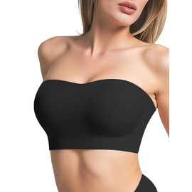 Easybunny Strapless Bras for Women Wireless Non-Slip Silicone Bandeau Bralette Seamless Padded Bra Stretchy Tube Top Black L