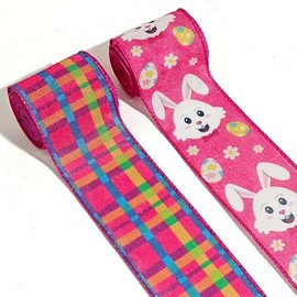 LINGMIN 2 Rolls 2.5" × 5 Yd Easter Ribbon Easter Bunny Easter Egg Wired Ribbon Colorful Buffalo Plaid Ribbon for Spring Wreath DIY Crafts Bows Making Gifts Wrapping Easter Party Decoration