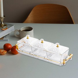 Glass Serving Tray Serving Dishes for Dried Fruits Platters for Wedding, Party Appetizer Tray with 3 Individual Bowls Snack Tray with Lid, transparent