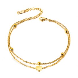 Kim Johanson Zoe Stainless Steel Women's Anklet in Silver, Gold & Rose Gold Double Row Anklet with Balls and Heart Pendant Coins Women Boho Jewellery Waterproof Adjustable Includes Jewellery Bag,