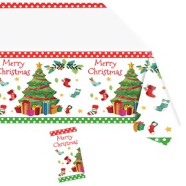 Christmas Tablecloth, White, 137 x 274 cm, Rectangular Christmas Table Covers, Plastic Table Runners, Waterproof, Oil-Resistant Tablecloths for Party, Picnic, Birthday