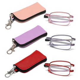 OWTXIS 3 Pack Folding Reading Glasses for Men Women, Keychain Compact Readers Blue Light Portable Pocket Eyeglasses (Pink, Purple, Red, +1.75)
