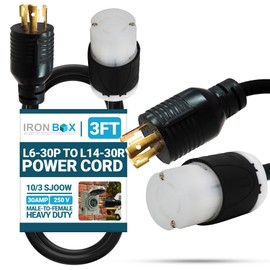 IronBox Electric L6-30P to L14-30R Power Cord - 30A, 250V, 10/3 SJOOW - UL Listed Extension Cord - Heavy Duty Adapter Cables for Generator, Transfer Switch, RV, Data Center & More (3ft, Custom Build)