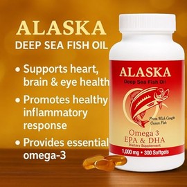 Aceite de pescado con omega-3 de aguas profundas de Alaska 1000 mg  Cápsulas blandas de EPA y DHA  Capturado en la naturaleza y de origen sostenible  