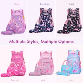 3PCS School Backpack for Girls, Kids Bookbags Set Primary Girls Students (Daypack + Lunch Bag + Pencil Case, Light Blue)