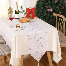 Skystuff Christmas Table Runners, White Christmas Runners Bronzing Tablecloth Christmas Runners Table Centerpiece for Christmas Party Favors Holiday Family Dinner Gathering (Snowflake)