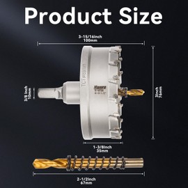 Henvo Hole Saw 3-1/2" (89mm) Heavy Duty Carbide with 2 Pilot Drill Bits - Metal Hole Cutter Cuts Stainless Steel, Iron, Copper, Brass, Plastic