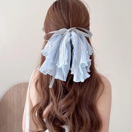 TUCEWP Bow Hair Clips for Women Girls Big Pearl Tulle Bow Claw Clip for Curly Thick Hair Cute Half Up Hair Barrette Blue Long Ribbon Jaw Claw Clip Strong Hold Hair Catch Clamps Fairy Hair Accessories