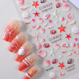 Summer Ocean Shell Nail Art Stickers 5D Embossed Red Nail Decals Ocean Theme Nail Stickers Designs Cute Summer Shell Starfish Nail Art Supplies for Women Nail Art DIY Decorations