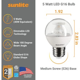 Sunlite G16 LED Dimmable Decorative Globe Vanity Light Bulbs, Clear, 5W (40W Equiv.), 350 Lumens, Medium E26 Base, Mirror Lights for Bedroom and Bathroom, 120V, ETL Listed, 2700K Soft White, 6 Pack