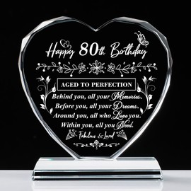 QIANRUNA 80th Birthday Gifts for Women Men, Laser Glass Heart 80th Birthday Decorations Ideas, Happy Birthday Gifts for 80 Year Old Men Women Husband Wife Mom Dad Friend