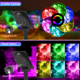 T-SUNUS Solar Spotlight for Outdoors, 2-in-1 Solar Garden Lights, Coloured 6 Colour Changing IP65 Waterproof Solar Lights for Outdoor Garden RGB for Tree Spotlight Path Yard Garage