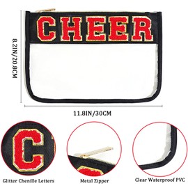 Jeffan 1 Pieces Black Cheer Gifts Chenille Letter Cheer Bags Patch Makeup Bag Flat Clear Pouch Cheerleading Gifts for Girls Cheer Teams