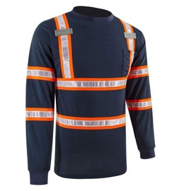 SMASYS Reflective Safety Work Shirts - High Visibility Long Sleeve T Shirts ANSI with Pockets and PVC Reflective Tape for Men,Women (Navy-Orange,3XL)