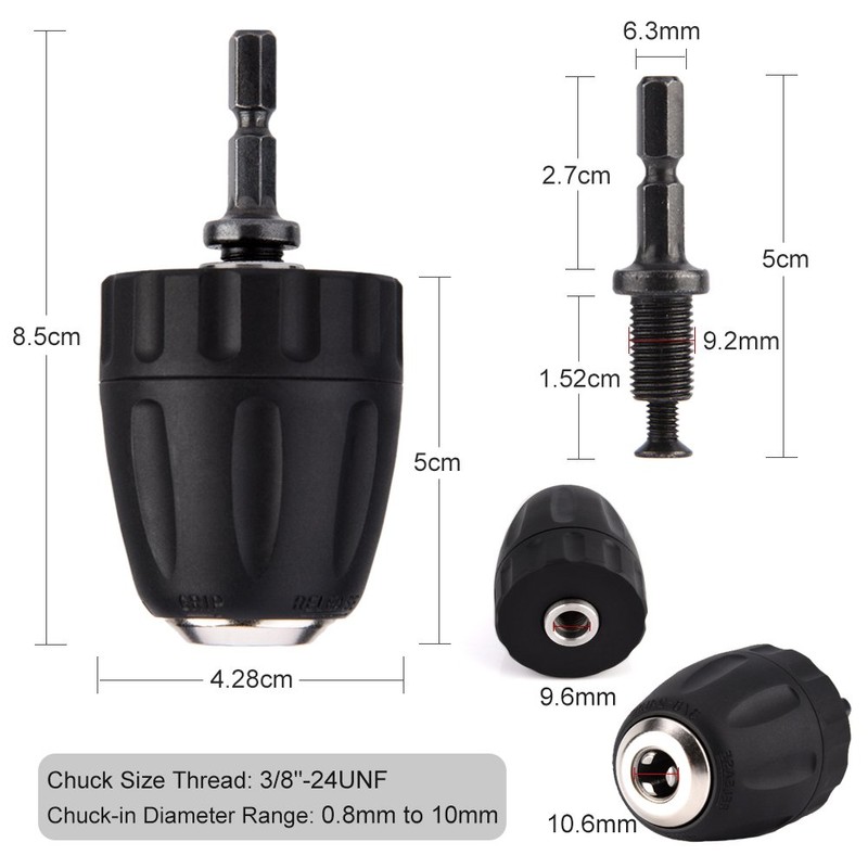 0.8‑10MM Keyless Adapter Chuck, 3/8" 24UNF Thread Quick Change Adapter