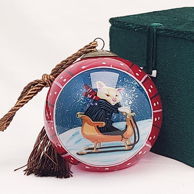 Handcrafted Inside-Painted Glass Ball Ornament - Red-Ski Cat Design by