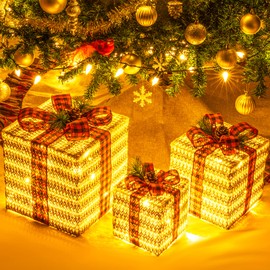 Sunnyglade 10"-8"-6" Set of 3 Christmas Lighted Gift Boxes Decoration Boxes with Plug, Bows, Artificial Pine Leaves and Pine Cones for Christmas, Weddings Yard Home Holiday Art Decoration