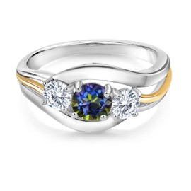 Gem Stone King 925 Sterling Silver and 10K Yellow Gold Round Blue Mystic Topaz and White Moissanite 3 Stone Ring For Women (0.96 Cttw, Available In Size 5, 6, 7, 8, 9)