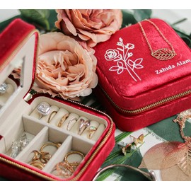 Customizable Compact Velvet Jewelry Box with Mirror, Travel Jewelry Case, Travel Jewelry Organizer, Jewelry Box for Women and Girls, Small Jewelry Organizer (Flower Design, Wine Red)