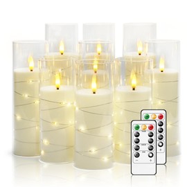 Nimiko Nimiko Flickering Flameless LED Candles, 9 Pcs with Embedded Star String, Acrylic LED Pillar Candles with Remote, Suitable for Home Decoration (White)