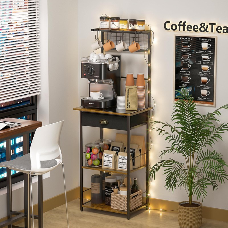 5 Tier Coffee Bar Station with Drawer, Kitchen Stand with