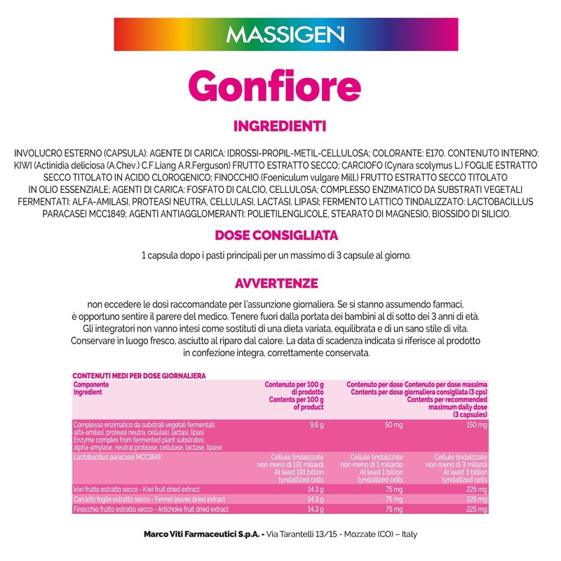 Massigen - Gonfiore, 2 Confezioni da 20 Capsule,Integratore Con Estratto