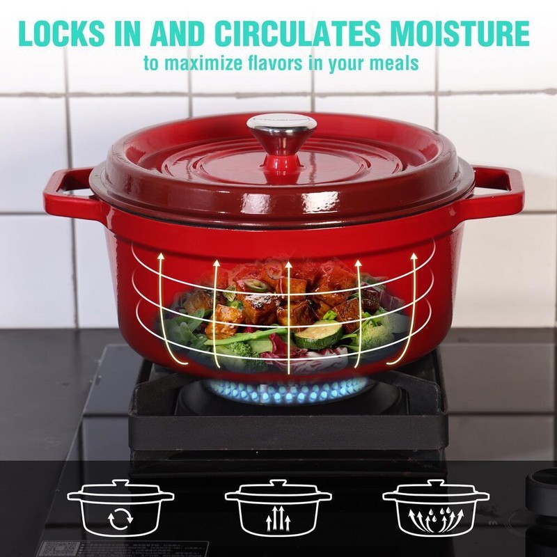 HAUSHOF 5.3QT Enameled Cast Iron Red Dutch Oven Non-Stick Pot