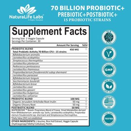 NaturaLife Labs Probiotics 70 Billion CFU – 15 Probiotic strains + Organic Prebiotic+ Postbiotic 3-in-1 Complete – Promotes Healthy Digestive & Immune Function –Gas, Bloating, Constipation Support – for Men & Women