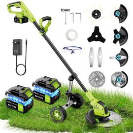 20000 RPM Electric Weed Wacker with Wheel, 2 * 3000mAh Battery, 5 Blade, 12″ Brushless Cordless 4-in-1 Brush Cutter/Weed Eater/Grass Trimmer, Electric String Trimmer 2 Batteries and Charger(Green)