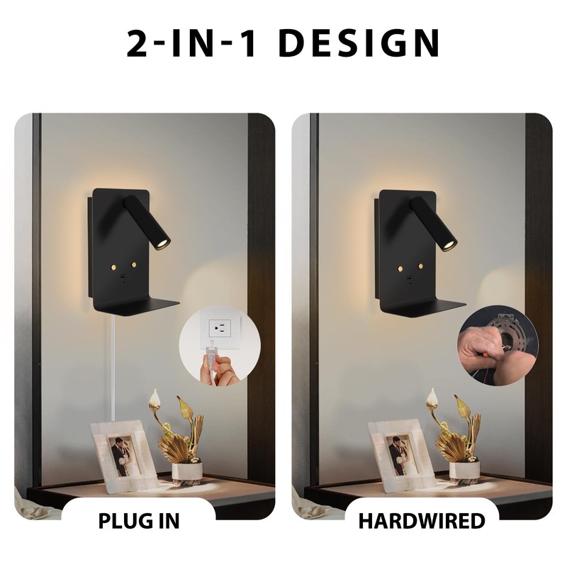 ZEROUNO Modern Wall Mounted Reading Lights Plug in, Black Headboard