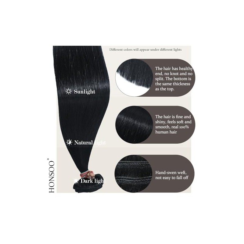 Honsoo Extensiones de Cabello Humano con Clip Negro Azabache 70g