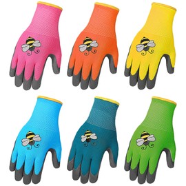 Joottuan 6 Pairs Kids Gardening Gloves Yard Work Gloves Children Soft Safety Rubber Coated Gloves for Toddlers Youth Girls Boys Children (Small (Age 3-5))