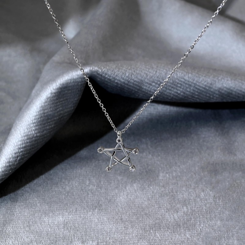 Silver Pentagram Star Pendant Necklace, Cubic Zirconia Crystals, Hollow Design