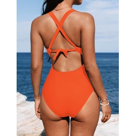 CUPSHE Women Swimming Costume Tummy Control One Piece Swimsuits Deep V Neck Double Straps Crisscross Back Tie Bathing Suits Rust Orange M