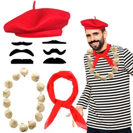 Beamely French Men Set, French Fancy Dress Costume Accessories Set French Artist Mime Kit with Red Beret Moustache Scarf Garlic Necklace for Cosplay Party Supplies School Dress Up Day-Red