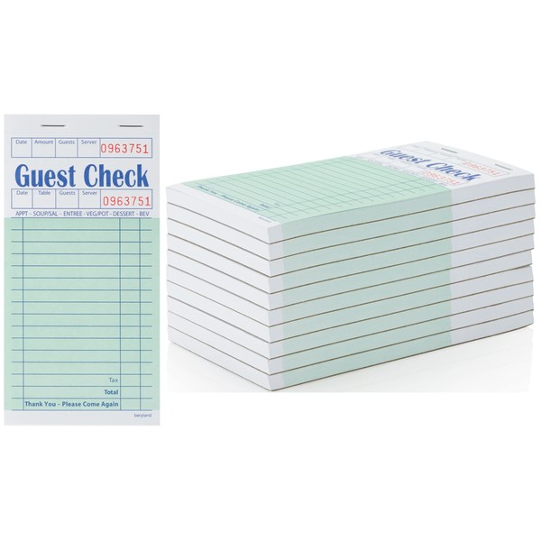 BERYLAND Server Note Pads - Guest Checks - Waitress Notepad, Double Sided, Pack of 10 Pads of 50 Sheets