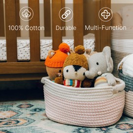 Woven Storage Basket 3 Pack - Medium Woven Basket Cotton Rope Blanket Basket Closet Baskets with Handles Woven Storage Bins Wicker Storage Basket for Blankets Living Room Shelf Baskets for Storage