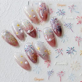 Independence Day Colorful Fireworks Nail Stickers 5D Self-Adhesive Embossed Red Blue White Firework Nail Decals 4th of July Nail Art Stickers Patriotic Firework Designs for Memorial Day DIY Nail Decor