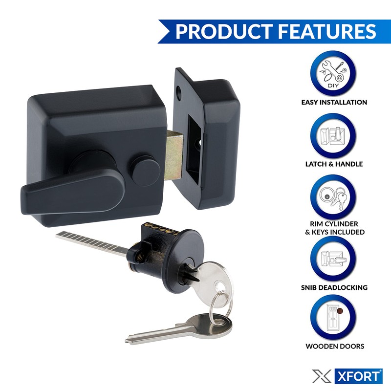 XFORT 40mm Matt Black Night Latch Narrow Complete with Rim
