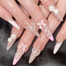 24 Pcs Long Almond Press on Nails French Tip Fake Nails with 3D Flower Bow Charms Acrylic Nails Press ons Pearl Design Stiletto Nail Tips Glossy Glue on False Nails Reusable Stick on Nails for Women