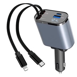 120W Retractable Car Charger, 4-in-1 Car Charger Adapter with Retractable Cables and Voltage Display, For 12V/24V Vehicles