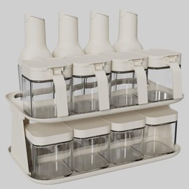 JIMMEAL 12 PCS Kitchen oil dispensers Spice Jars And Food Conainers Set, Clear Glass With Food Degree Plastic, 17 oz Cooking oil dispener, 8.8 oz Condiment Spice Jars, 8.4 oz Sealing Oats Containers