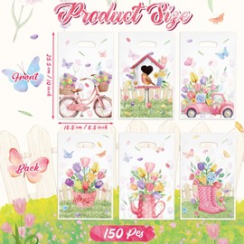 ArianQicult Tulip Party Favor Bags - 150Pcs Spring Tulip Sweet Goody Candy Treat Gifts Bags, Spring Floral Themed Party Decorations for Kids Birthday Baby Shower Wedding Supplies