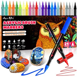 Acrylic Paint Markers, 24 Colors Automatic Ink Control Acrylic Pens, Soft Brush Tip Paint Pens, Waterproof Paint Markers for Rock Painting, Stone, Wood, Glass, Ceramic, DIY Art Supplies