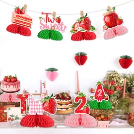 Jollyboom Strawberry 2nd Birthday Decorations for Girl, 8pcs Strawberry Honeycomb Centerpiece Double-sided Printing Two Sweet Table Decorations for Berry Sweet 2 Year Old Birthday Decorations for Girl