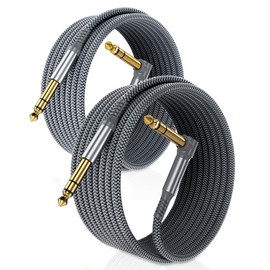 RUXELY 6.35 mm TRS Guitar Cable 2 m Pack of 2, 90 Degree 1/4 Inch Plug Stereo Instrument Cable, 6.3 Jack Guitar Cable, Balanced Audio Cable for Electric Guitar, Basses, Keyboards, Amp, Speaker