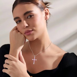Lwsary October Birthstone Cross Necklace 925 Sterling Silver Pink Tourmaline Necklace Crucifix Christian Religious Pendant Rectangular Square Cut Cubic Zirconia Jewelry for Women