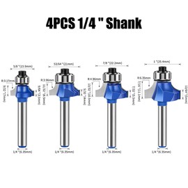 MACHSWON 4 Pieces Round Router Bits 1/4" Shank Round Router Bit Set Tungsten Carbide Blades Corner Rounding Edge Router Bits 3.17mm 3.96mm 4.96mm 6.35mm Radius
