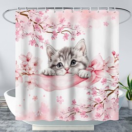 AILONEN Kawaii Cat Shower Curtain for Bathroom,Cute Animal Kitten Pet Floral Pink Rose Blossoms Waterproof Fabric Bath Curtain with Hooks,72" Wx72 H