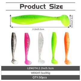 MAFIMOEA 50 Pcs Soft Fishing Lures Plastic Paddle Tail Swim Baits Kit for Bass Fishing 5 Mixed Colors